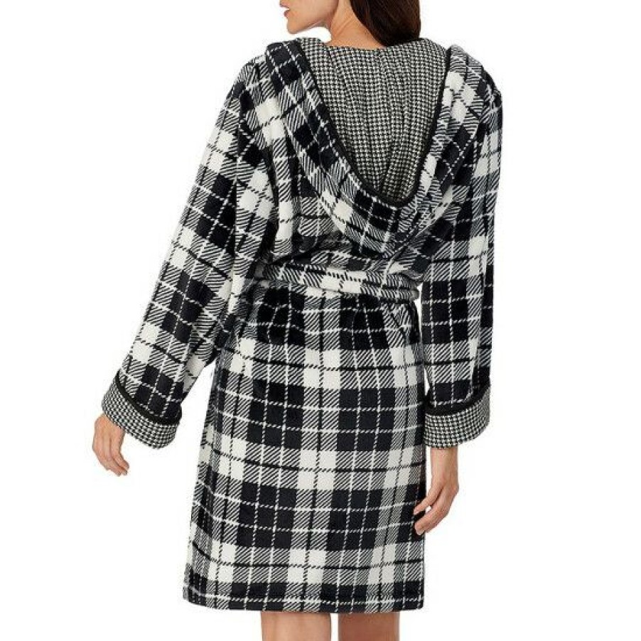 Lingerie * | Top 10 Dkny Check Print Hooded Shawl Collar Long Sleeve Short Cozy Wrap Robe Black Check