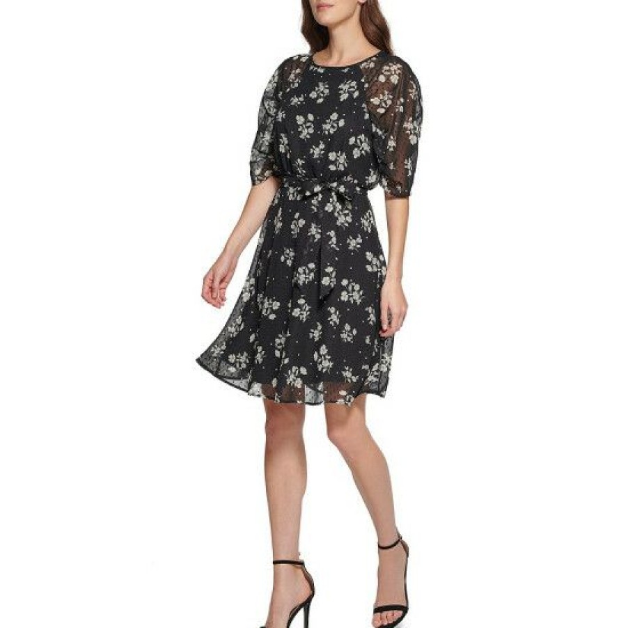 Women'S Clothing * | Coupon Dkny Petite Size Floral Print Chiffon Round Neck Ruched Short Sleeve Belted A-Line Dress Black Multi