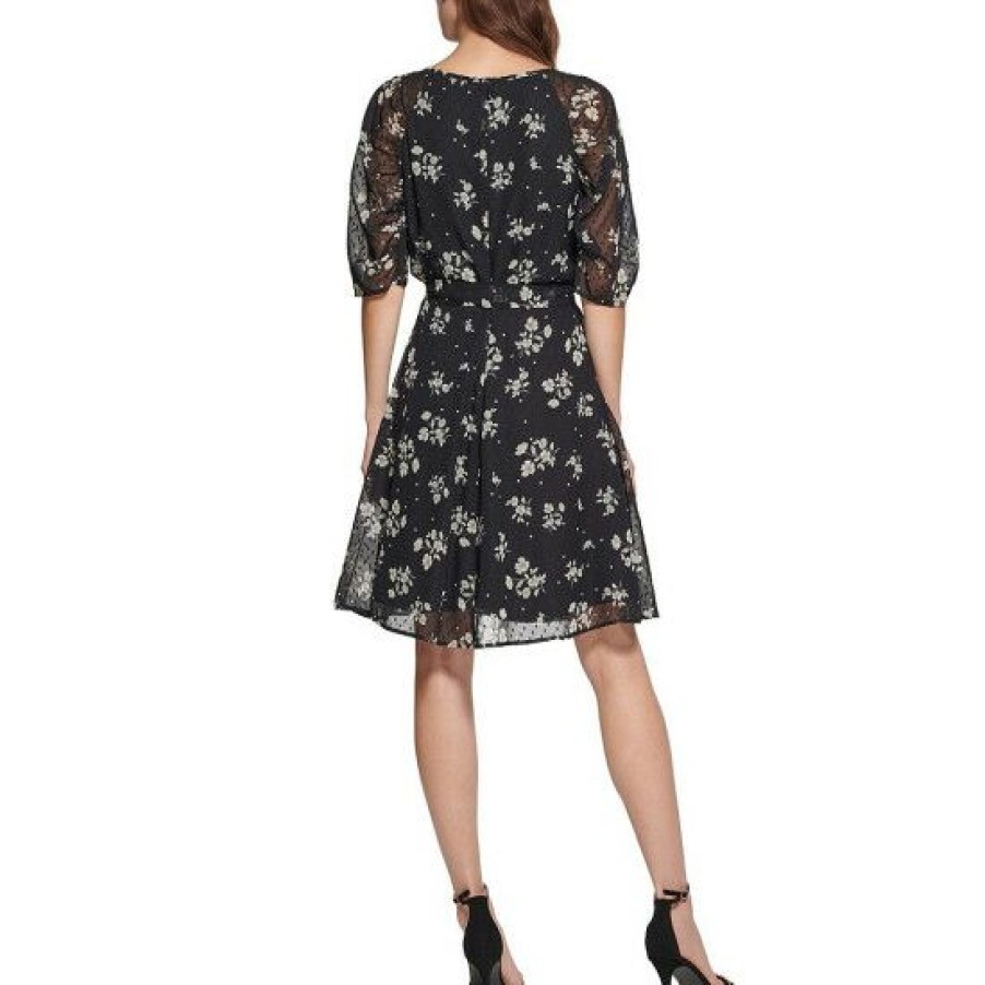 Women'S Clothing * | Coupon Dkny Petite Size Floral Print Chiffon Round Neck Ruched Short Sleeve Belted A-Line Dress Black Multi