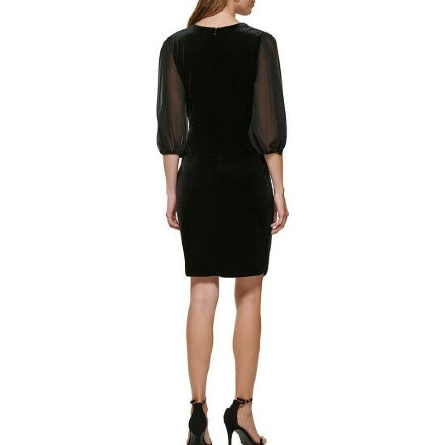 Women'S Clothing * | Top 10 Dkny 3/4 Chiffon Sleeve V-Neck Side Ruched Stretch Velvet Dress Black