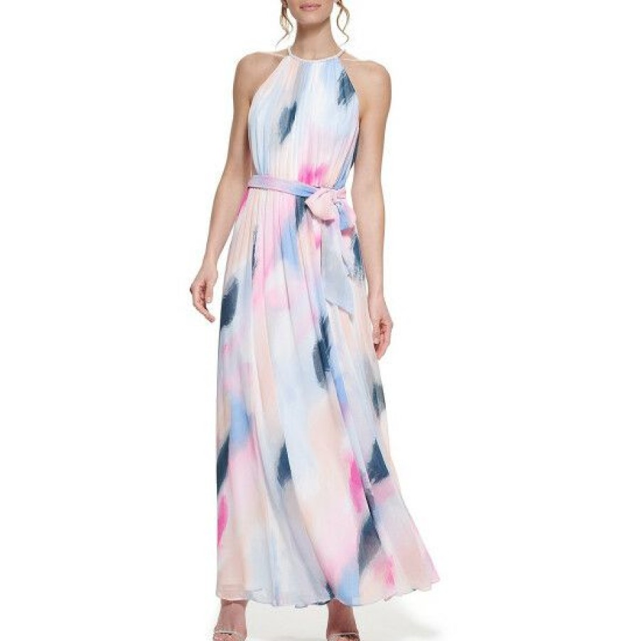 Women'S Clothing * | Best Deal Dkny Sleeveless Beaded Halter Neck Tie Waist Chiffon Maxi Dress Ivory/Elegant Rose/Multi