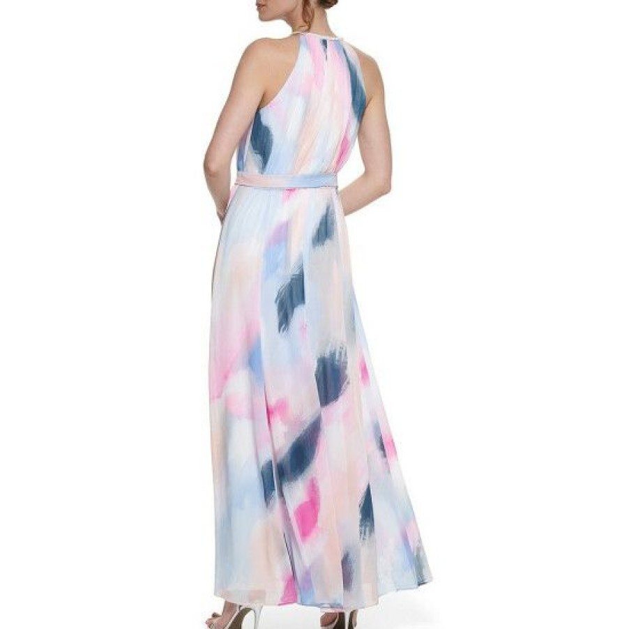 Women'S Clothing * | Best Deal Dkny Sleeveless Beaded Halter Neck Tie Waist Chiffon Maxi Dress Ivory/Elegant Rose/Multi