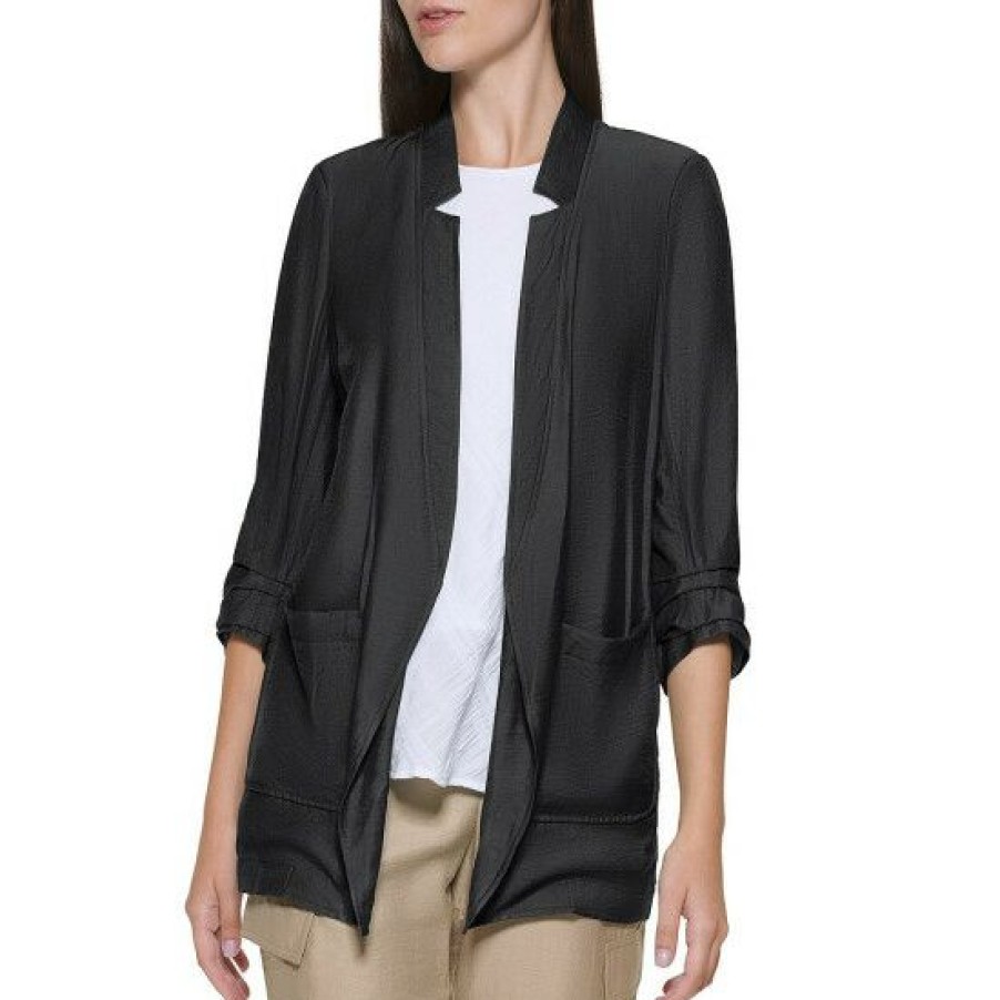 Women'S Clothing * | Coupon Dkny Woven Open Front 3/4 Scrunch Sleeve Blazer Black