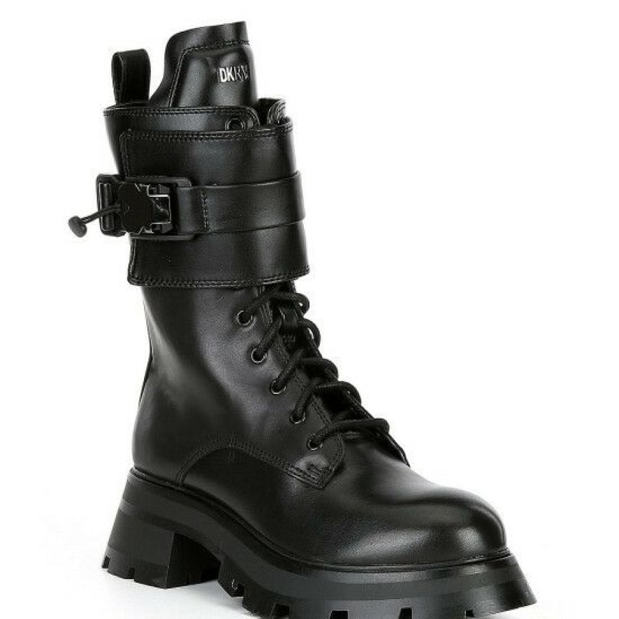 Shoes * | Deals Dkny Sava Leather Lace-Up Lug Sole Combat Boots Black