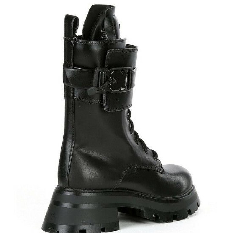 Shoes * | Deals Dkny Sava Leather Lace-Up Lug Sole Combat Boots Black