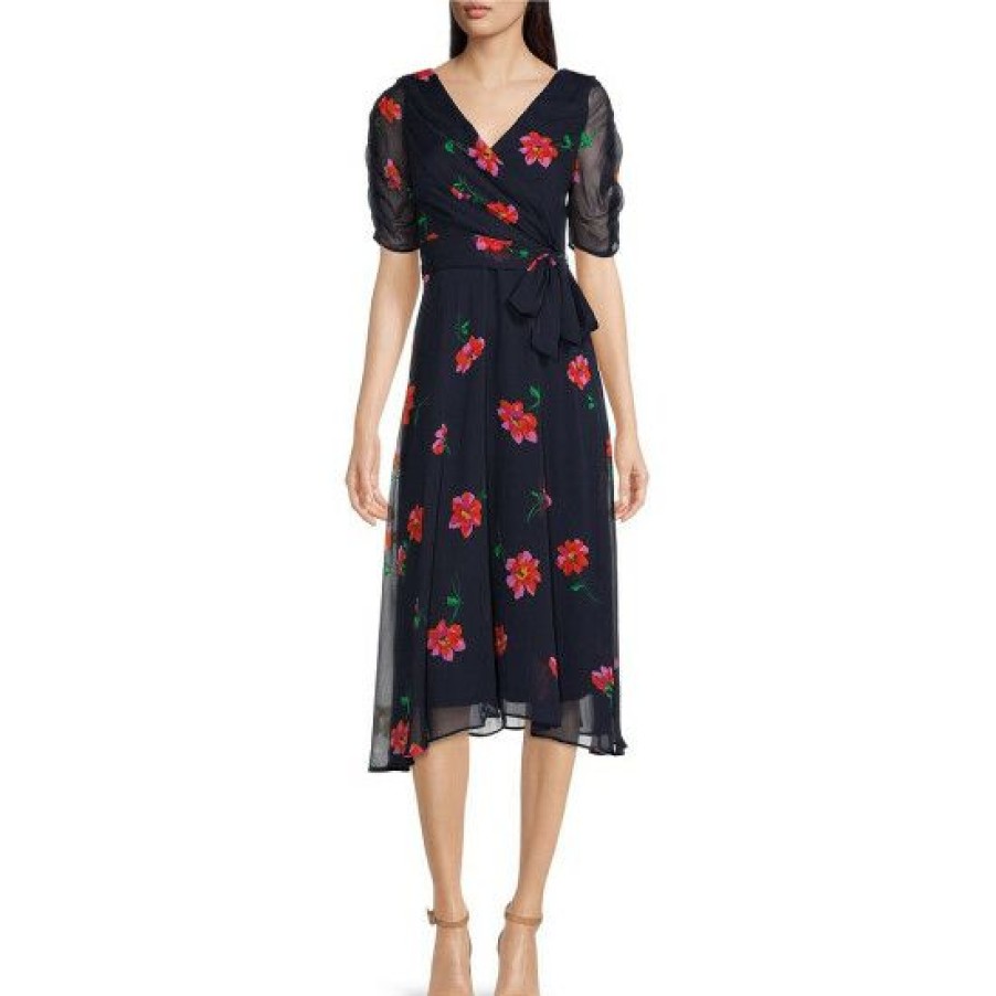 Women'S Clothing * | Flash Sale Dkny Floral Print Chiffon V-Neck Ruched Short Sleeve Wrap Midi Dress Navy Multi