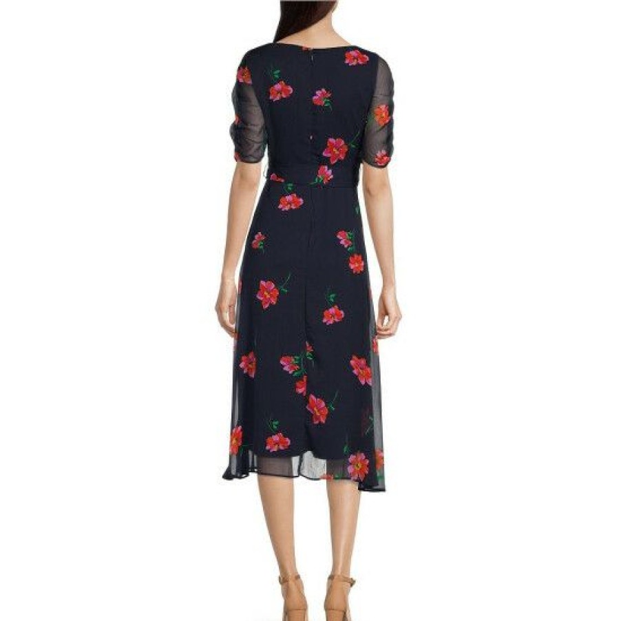 Women'S Clothing * | Flash Sale Dkny Floral Print Chiffon V-Neck Ruched Short Sleeve Wrap Midi Dress Navy Multi