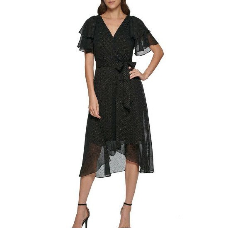 Women'S Clothing * | Best Deal Dkny Dot Print Double Layer Short Flutter Sleeve Surplice V-Neck Tie Waist Faux Wrap Midi Dress Black/Gold