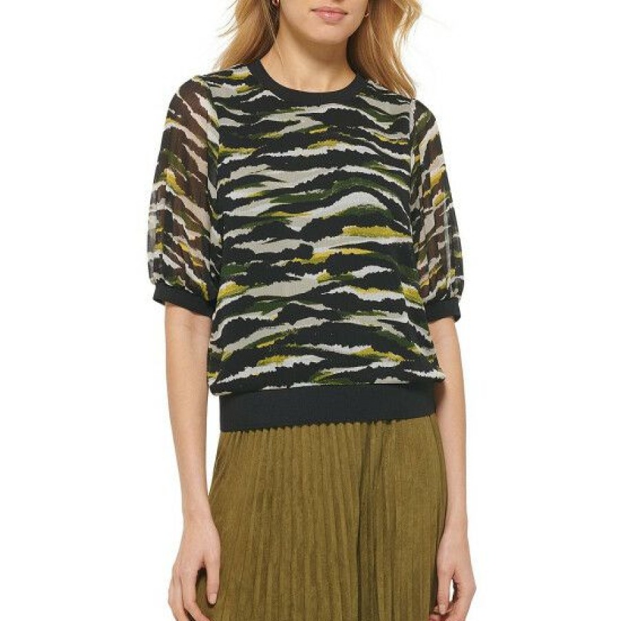 Women'S Clothing * | Coupon Dkny Printed Puff 3/4 Sleeves Pullover Blouse