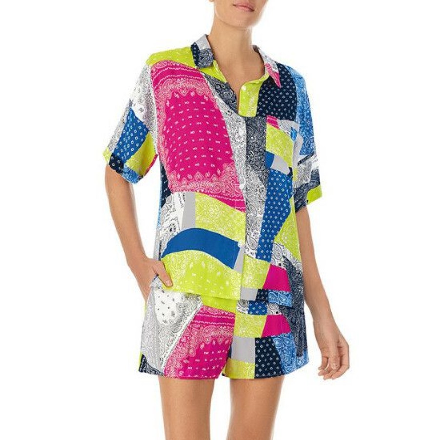 Lingerie * | Budget Dkny Bandana Paisley Print Point Collar Short Sleeve Button Front Pajama Set Paisley Multi