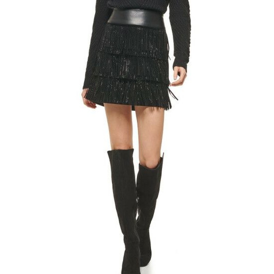 Women'S Clothing * | Buy Dkny Fringe Shimmer Waistband Detail A-Line Mini Skirt Black