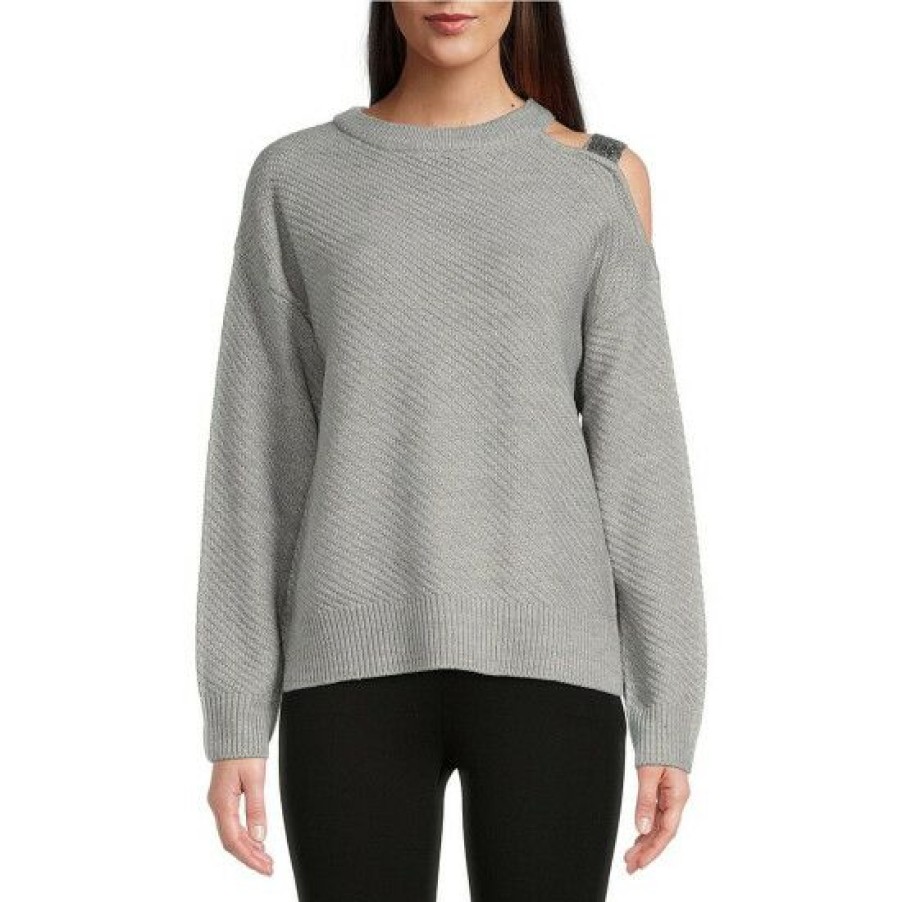 Women'S Clothing * | Discount Dkny Round Neck Long Sleeve Cold Shoulder Sequin Strap Sweater