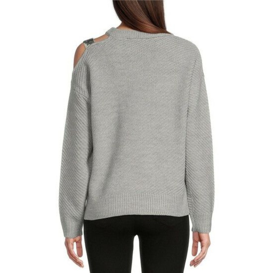 Women'S Clothing * | Discount Dkny Round Neck Long Sleeve Cold Shoulder Sequin Strap Sweater