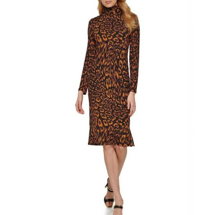 Women'S Clothing * | Coupon Dkny Animal Print Turtleneck Long Sleeve Sheath Dress Roasted Pecan