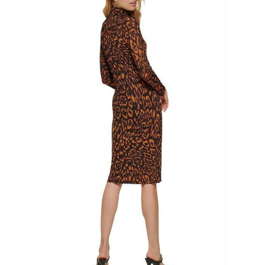 Women'S Clothing * | Coupon Dkny Animal Print Turtleneck Long Sleeve Sheath Dress Roasted Pecan