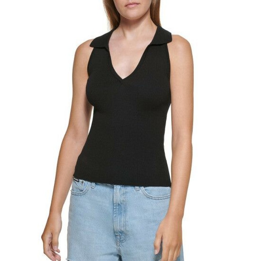 Women'S Clothing * | Cheapest Dkny Jeans Polo Collar V-Neck Ribbed Knit Sleeveless Tank Top