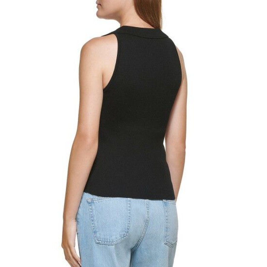 Women'S Clothing * | Cheapest Dkny Jeans Polo Collar V-Neck Ribbed Knit Sleeveless Tank Top