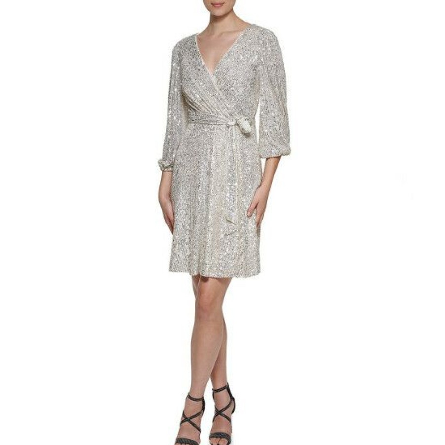 Women'S Clothing * | Coupon Dkny Petite Size Surplice V-Neck 3/4 Sleeve Sequin Faux Wrap Dress Silver