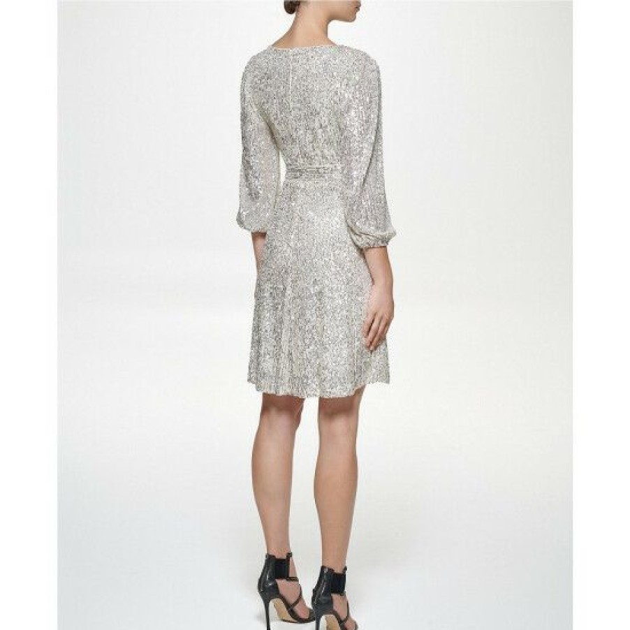 Women'S Clothing * | Coupon Dkny Petite Size Surplice V-Neck 3/4 Sleeve Sequin Faux Wrap Dress Silver