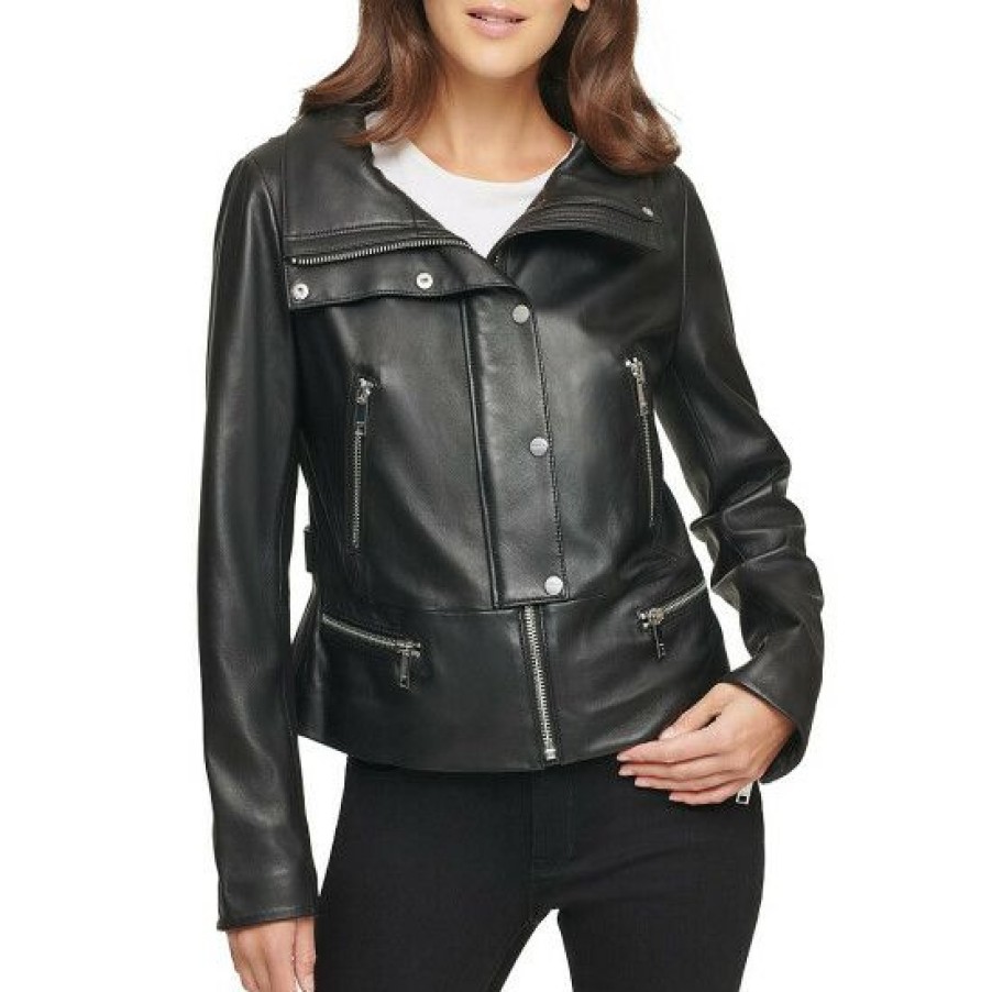 Women'S Clothing * | Top 10 Dkny Genuine Lambskin Leather Snap Front Moto Jacket Black