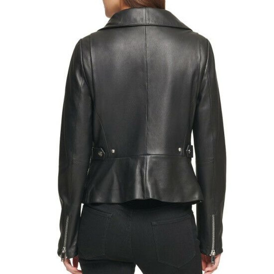 Women'S Clothing * | Top 10 Dkny Genuine Lambskin Leather Snap Front Moto Jacket Black