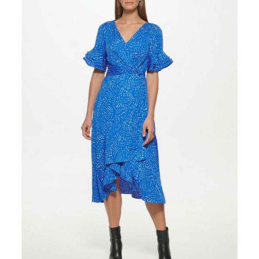 Women'S Clothing * | Hot Sale Dkny Printed Surplice V-Neck Short Tiered Sleeve Ruffle Faux Wrap Midi Dress Tanznite