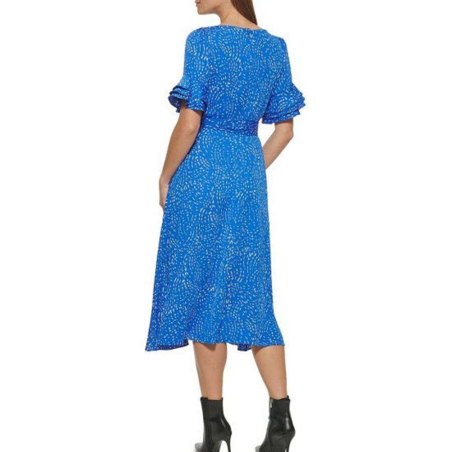 Women'S Clothing * | Hot Sale Dkny Printed Surplice V-Neck Short Tiered Sleeve Ruffle Faux Wrap Midi Dress Tanznite