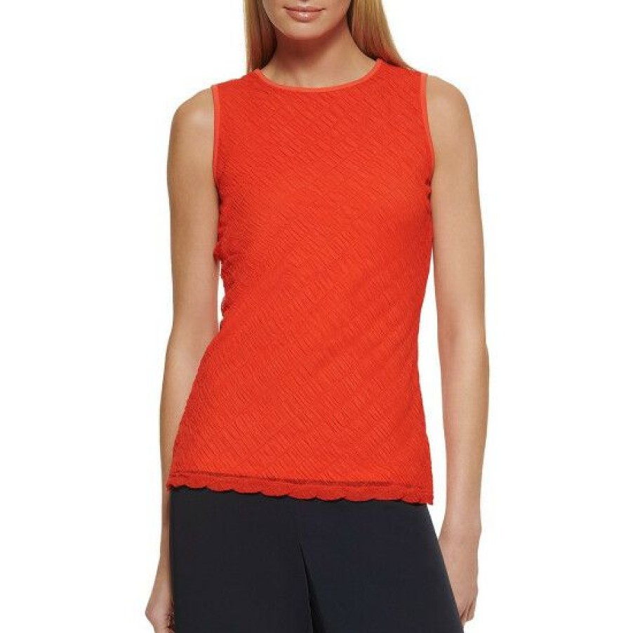 Women'S Clothing * | Best Deal Dkny Scalloped Hem Crew Neck Sleeveless Textured Tank Top