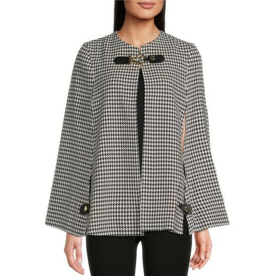 Women'S Clothing * | Hot Sale Dkny Crew Neck Houndstooth Knit Hardware Cape Black/White