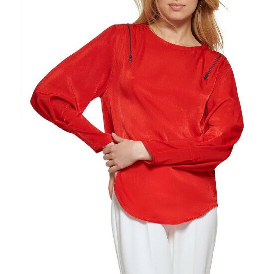 Women'S Clothing * | Coupon Dkny Round Neck Long Sleeve Zipper Detail Top Scarlet