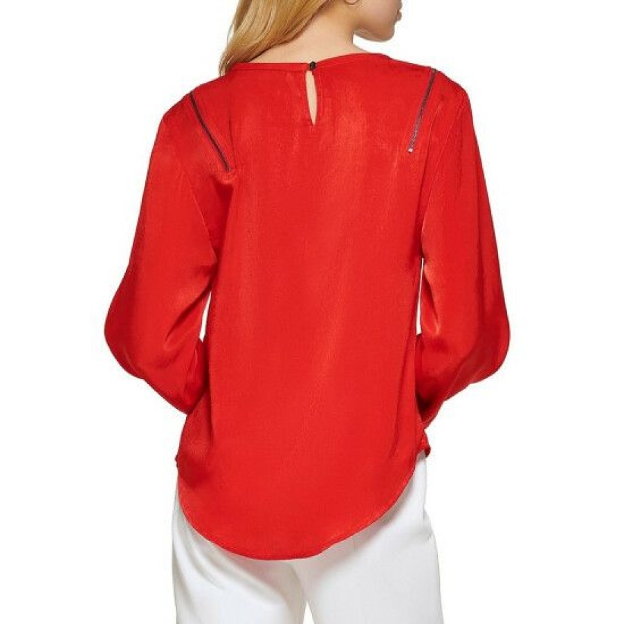 Women'S Clothing * | Coupon Dkny Round Neck Long Sleeve Zipper Detail Top Scarlet