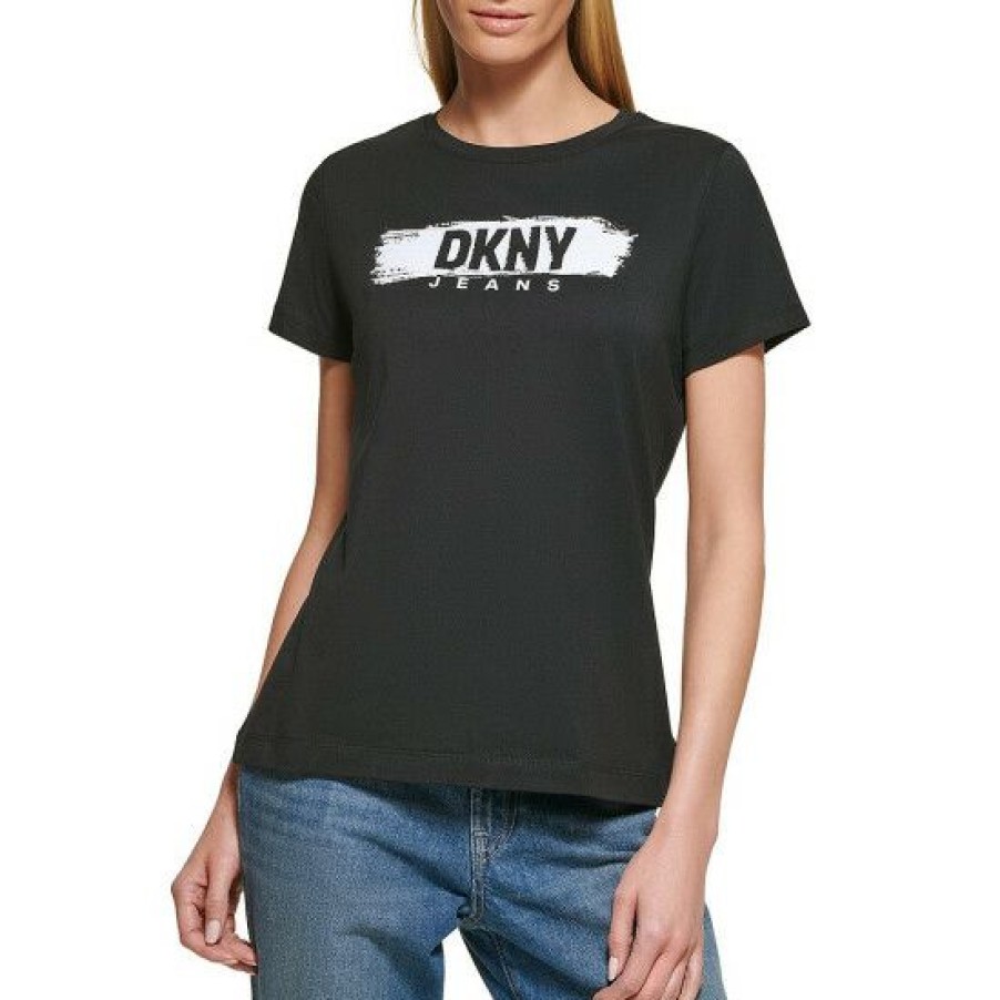 Women'S Clothing * | Coupon Dkny Jeans Diamante Logo Crew Neck Short Sleeve Knit Shirt Black