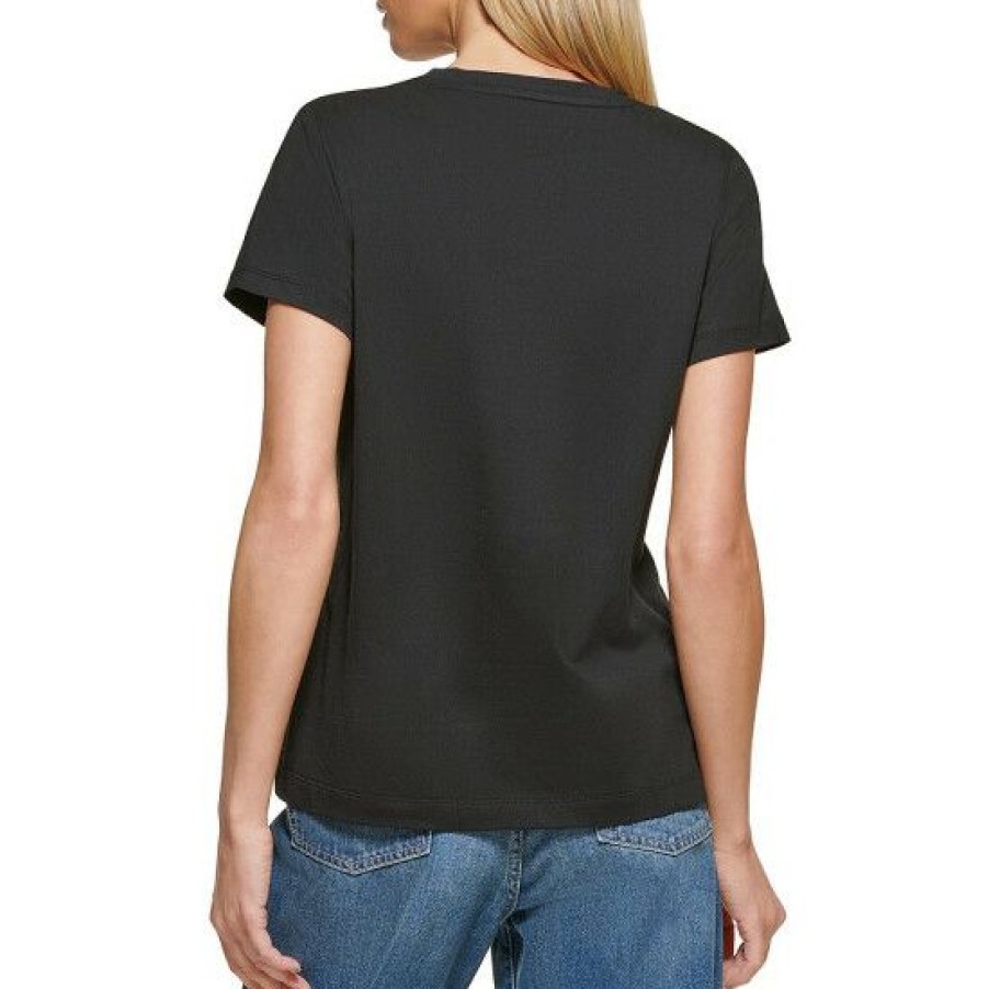 Women'S Clothing * | Coupon Dkny Jeans Diamante Logo Crew Neck Short Sleeve Knit Shirt Black