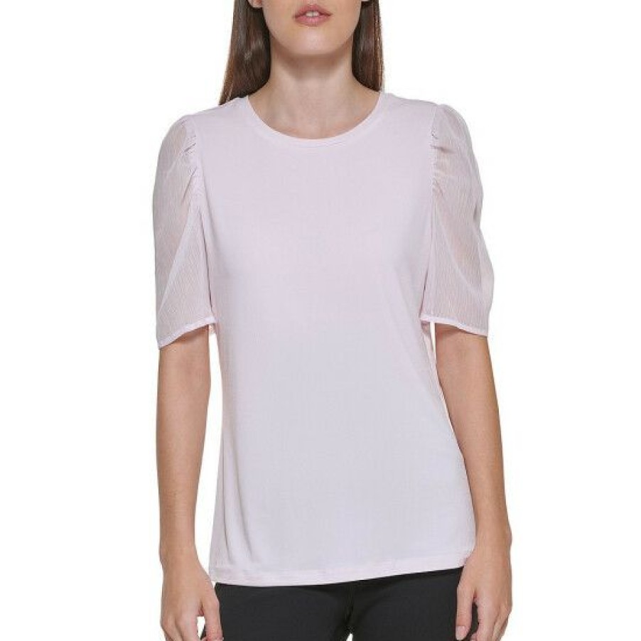 Women'S Clothing * | Deals Dkny Jewel Neck Short Ruched Chiffon Sleeve Knit Top Fresh Pink