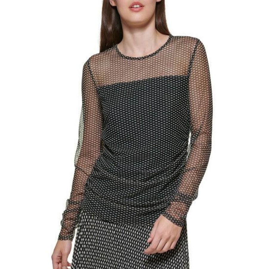 Women'S Clothing * | Wholesale Dkny Crew Neck Long Sheer Sleeve Printed Mesh Top Black/Ivory Combo