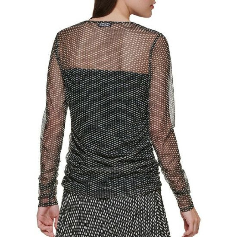 Women'S Clothing * | Wholesale Dkny Crew Neck Long Sheer Sleeve Printed Mesh Top Black/Ivory Combo