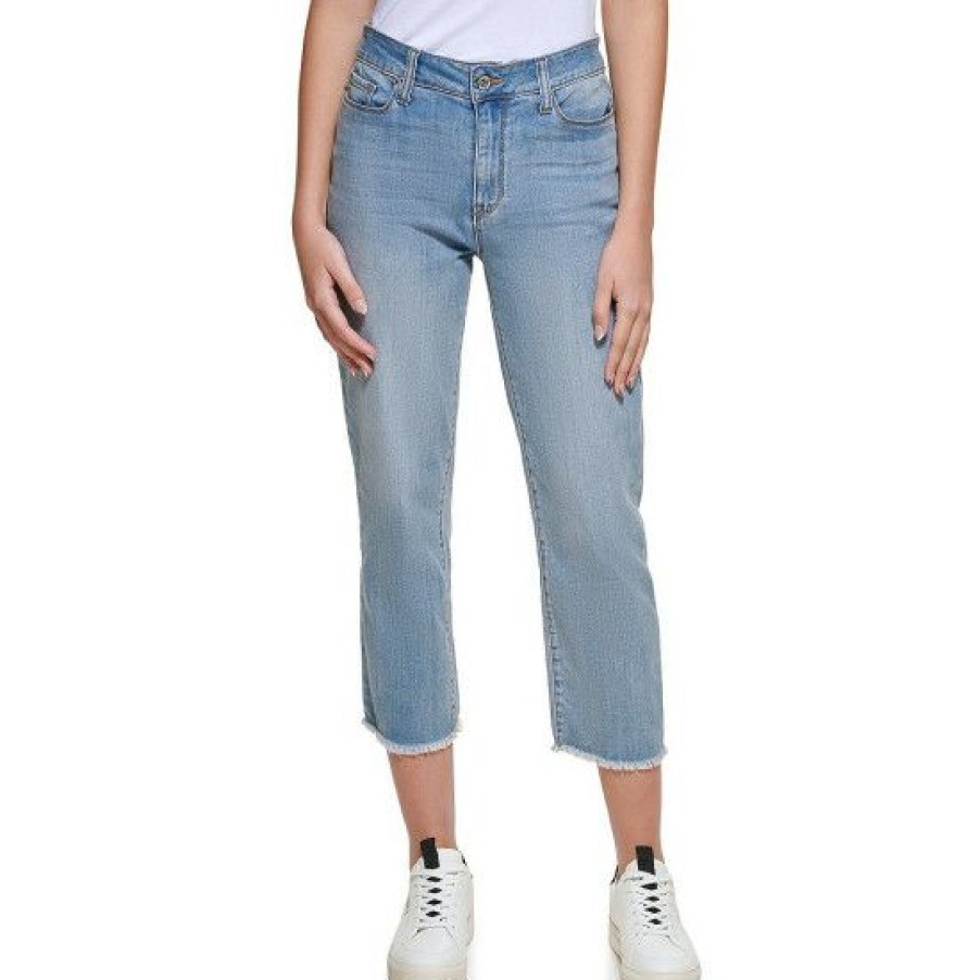 Women'S Clothing * | Best Deal Dkny Jeans Slim Straight Leg Fray Hem Crop Jeans