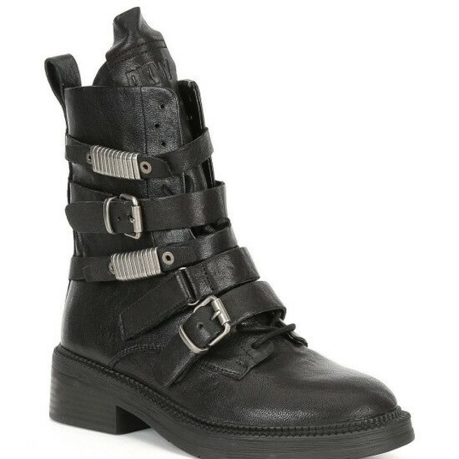 Shoes * | Cheapest Dkny Ita Strappy Buckle Detail Leather Combat Boots Black