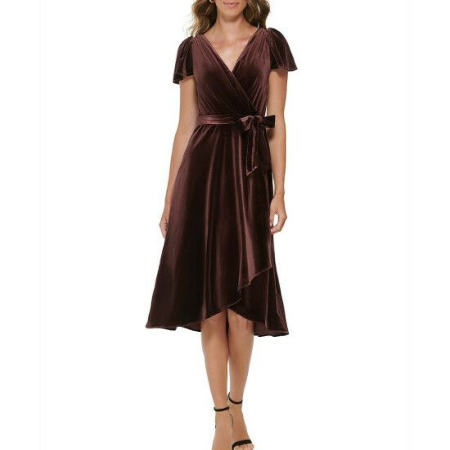 Women'S Clothing * | New Dkny Velvet Short Flutter Sleeve V-Neck Faux Wrap Dress Chocolate