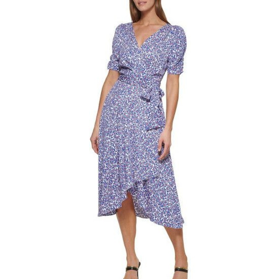 Women'S Clothing * | Discount Dkny Floral Printed Satin Surplice V-Neck Ruched Short Puff Sleeve Tie Waist Faux Wrap Midi Dress Iris Multi