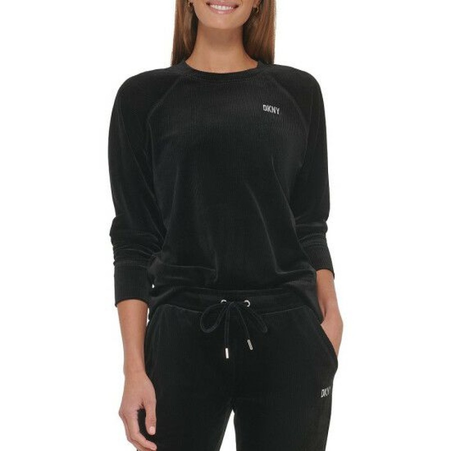 Women'S Clothing * | Cheap Dkny Sport Platinum Velour Rib Knit Crew Neck Raglan Sleeve Pullover