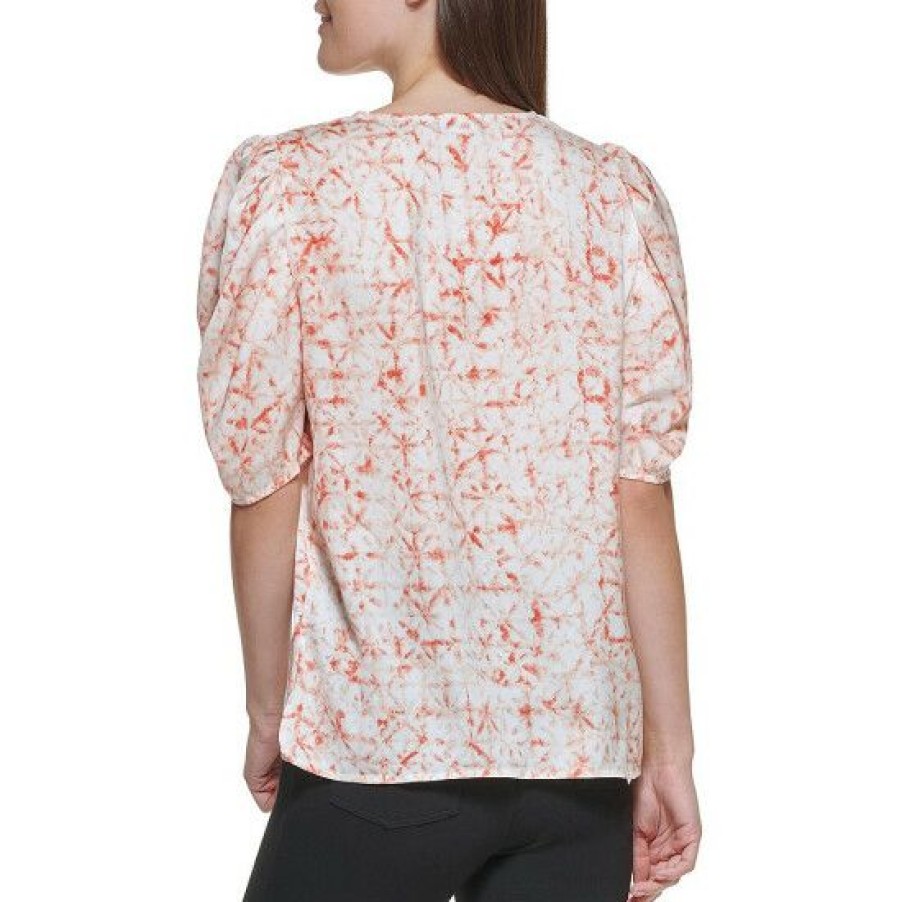 Women'S Clothing * | Top 10 Dkny Cupra Satin Printed V-Neck Puffed Elbow Short Sleeve Top Ivory Molten Orange Multi