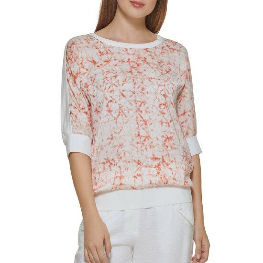 Women'S Clothing * | Best Sale Dkny Printed Mixed Media Jewel Neck Short Dolman Sleeve Blouson Top