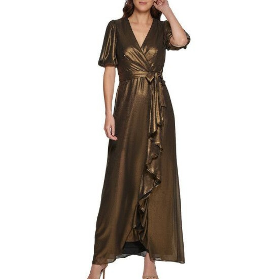 Women'S Clothing * | Promo Dkny Metallic Foil Chiffon Short Balloon Sleeve Front Cascading Ruffle Gown Black/Gold