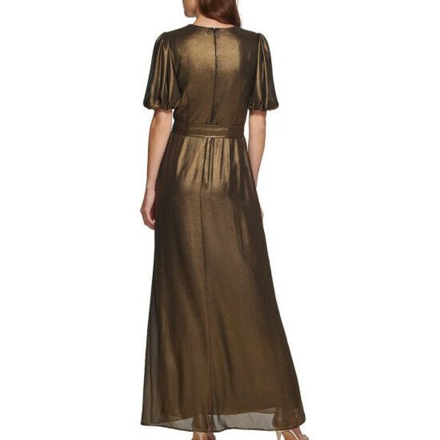 Women'S Clothing * | Promo Dkny Metallic Foil Chiffon Short Balloon Sleeve Front Cascading Ruffle Gown Black/Gold