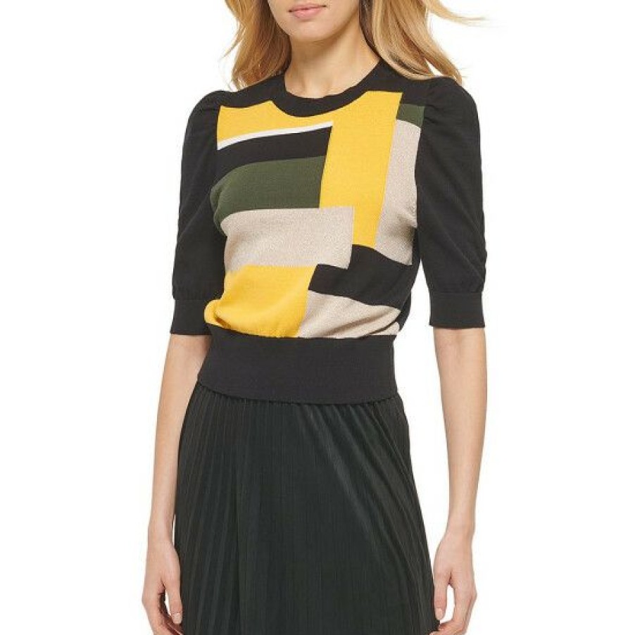 Women'S Clothing * | New Dkny Short Pleated Puff Sleeve Crew Neck Color Block Knit Top Black Multi