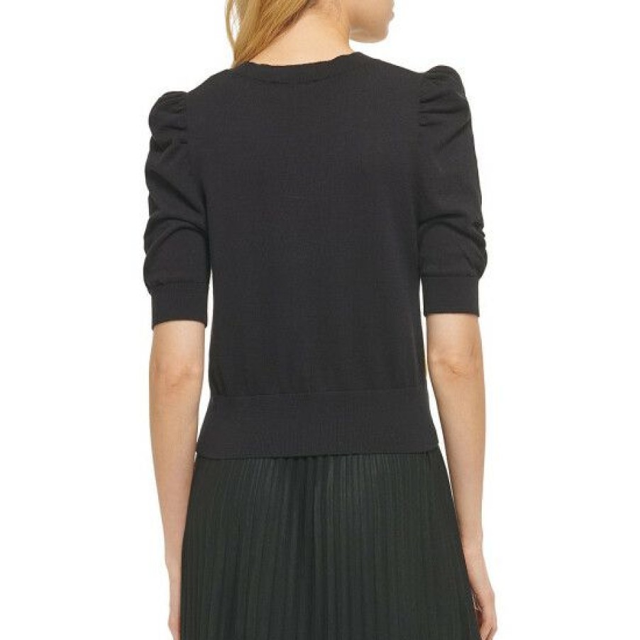 Women'S Clothing * | New Dkny Short Pleated Puff Sleeve Crew Neck Color Block Knit Top Black Multi