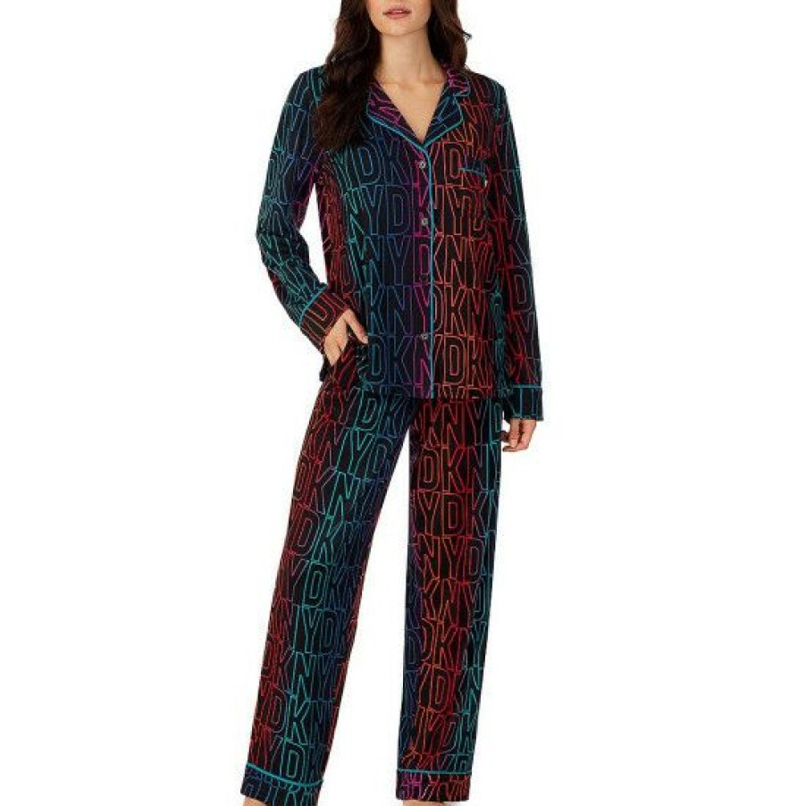 Lingerie * | Hot Sale Dkny Ombre Dkny Print Long Sleeve Notch Collar Shirt & Pants Knit Pajama Set Black Multi Print