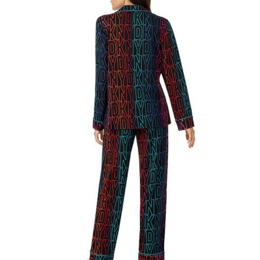 Lingerie * | Hot Sale Dkny Ombre Dkny Print Long Sleeve Notch Collar Shirt & Pants Knit Pajama Set Black Multi Print