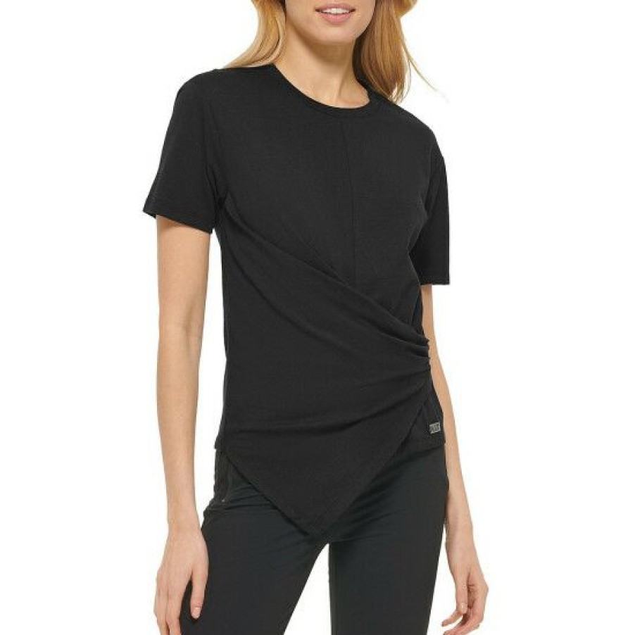 Women'S Clothing * | Outlet Dkny Crew Neck Ruched Waist Short Sleeve Asymmetrical Hem Knit Tee